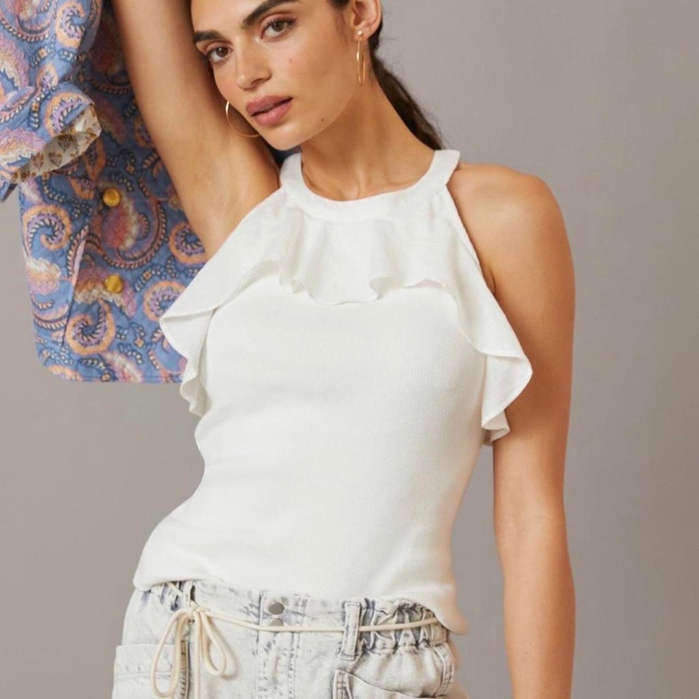 NWT Maeve by Anthropologie Ruffled Rib Halter Tank Top-White-Large